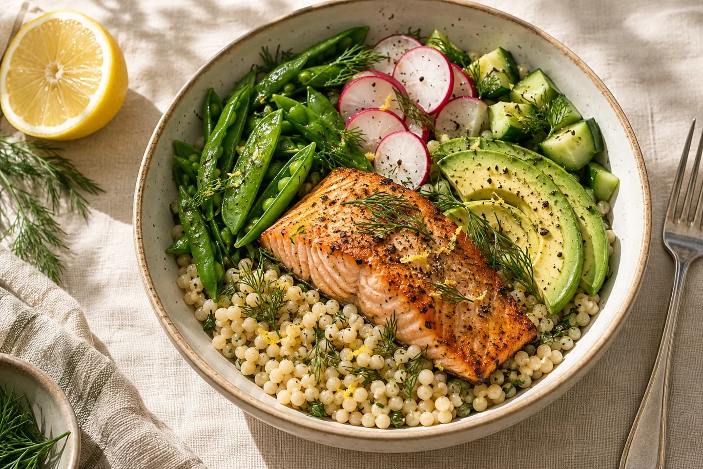 Roasted salmon, couscous, avocado, and crisp greens in a ceramic bowl